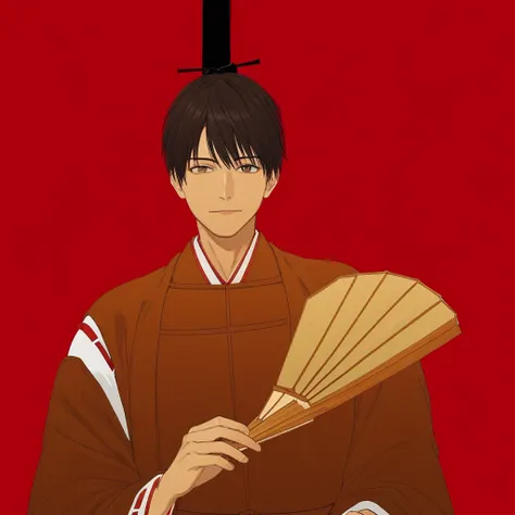 upper body, solo, hand fan, red background, looking at viewer, male focus, simple background, holding, japanese clothes, 1boy, emperor kimono, orange kimono, hat