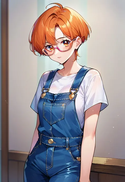 score_9, score_8, score_7, source_anime, matoba oreko, glasses, 1girl, solo, glasses, blue overalls, looking at viewer, shirt, overalls, denim, blush, white shirt