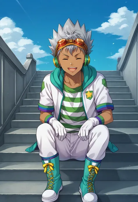 score_9, score_8_up, score_7_up, source_anime, highly detailed, 
kazuki, 1boy, male focus, solo, grey hair, spiked hair, closed eyes, open mouth, smile, dark skin, dark-skinned male, goggles, goggles on head, headphones, shirt, striped shirt, jacket, white...