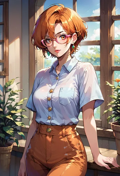 score_9, score_8, score_7, source_anime, matoba oreko, glasses, lips, window, overall shorts, cowboy shot, earrings, jewelry, plant, buttons, potted plant, pink lips