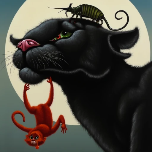 In a somber twist of the surreal, this image presents a black panther, its fur a deep midnight velvet, weeping large crystalline tears that catch the light with their sorrow. Atop its head sits a horned beetle, also cloaked in the melancholy of shared tear...