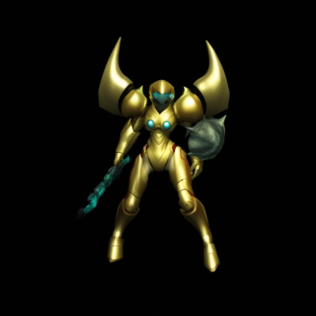 solo, single horn, shell, lance, monster, panties, power suit (metroid), monster girl, gold armor