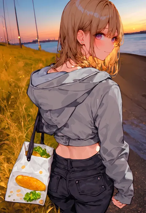 score_9, score_8_up, score_7_up, score_6_up, best quality, source_anime BREAK, aosiai123, 1girl, outdoors, looking at viewer, hood down, black pants, blush, looking back, holding bag, grass, jewelry, stud earrings, long hair, long sleeves, hooded jacket, s...