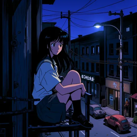 anime_martz, anime_retro, A melancholic heroine sits on a rusty fire escape under a lone streetlight. The city below is dimly lit, with old-fashioned cars and empty streets. Her large, expressive anime eyes reflect a sense of longing and solitude. She’s dr...