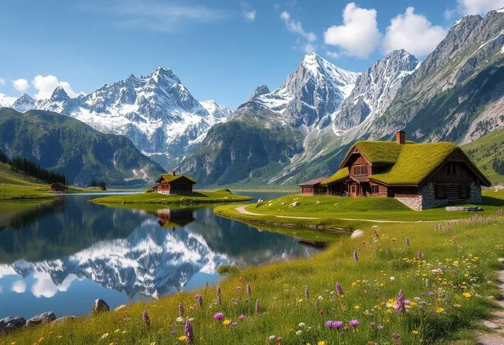 Mountain landscape with houses and animals
