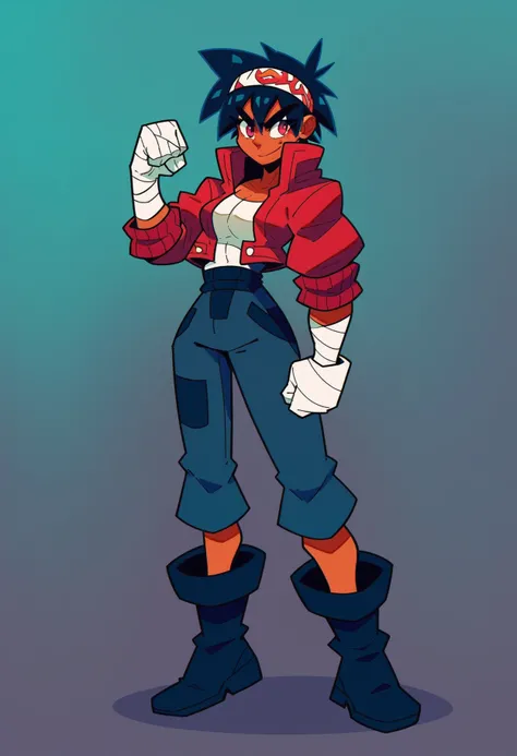 score_9, score_8_up, score_7_up, score_6_up, score_5_up, score_4_up, BREAK
1girl, solo, red eyes, headband, short hair, pants, dark skin, boots, jacket, red jacket, black hair, dark-skinned female, clenched hands, gloves, simple background, full body, band...