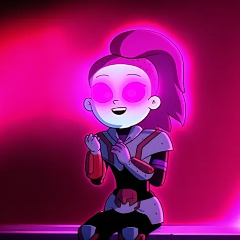 gloves, aura, glowing eyes, pink eyes, colored skin, HIGH PONYTAIL, happy, armor, colored sclera, sitting