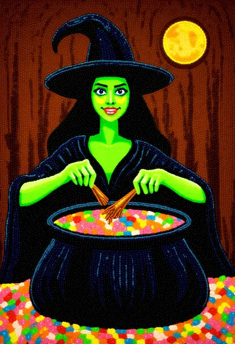 <lora:Jelly Bean Art_epoch_9:1> Jelly bean art of a witch with green skin stirring a big black cauldron in a wooden hut