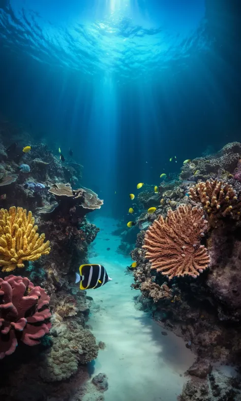 (view from above:1.5), underwater photo, sandy sea floor, different types of colorful corals
BREAK
close-up of one moorish idol fish
BREAK
(volumetric light rays:0.5), sea fans

(best quality), (high detail), (murky water:1.5), (distance haze:1.2), (blue t...