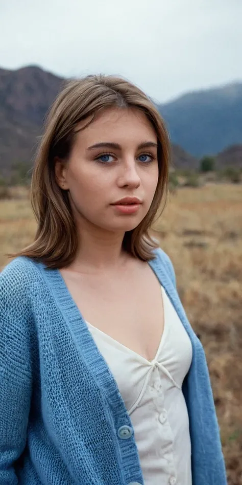 ((Full-Shot)),cinematic film still 21 years old, posing, preppy cardigan, white shirt, straightened brown hair, blue eyes, moody, Kodak Portra 400, high-definition, cinematic shot