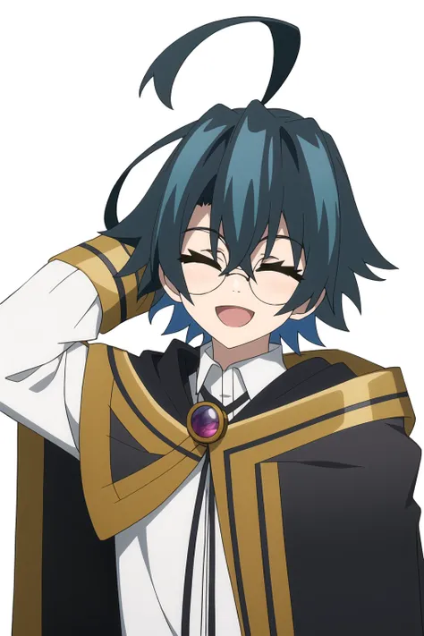 will serfort,1boy,male focus,solo,blue hair,purple eyes,ahoge,white shirt,closed eyes,smile,open mouth,glasses,upper body,arm behind head,:d,round eyewear,long sleeves,arm up,black cloak,facing viewer,<lora:will_serfort-000007:0.7>,