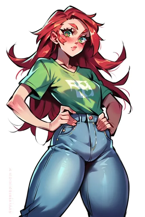 <lora:JohnFoxArt:0.75>, score_9, score_8_up, score_7_up, score_6_up, score_5_up, rating_questionable, source cartoon
1girl, pretty face, pretty eyes, detailed eyes, HD eyes, thick thighs
hands on hips, standing, cowboy shot
looking at viewer, blush, eyebro...