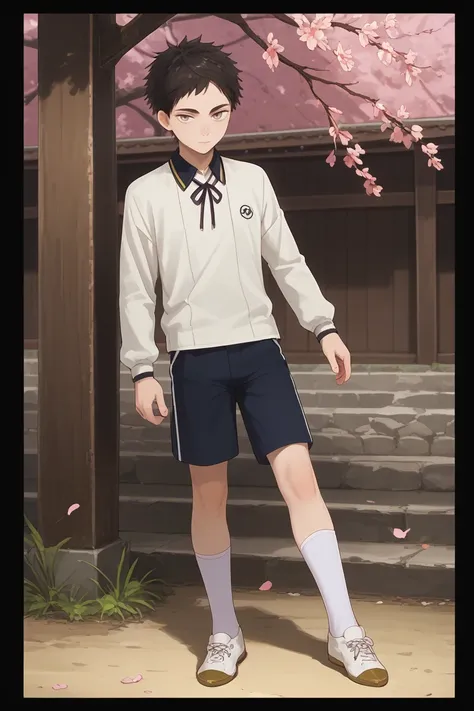 score_9, score_8_up, score_7_up, score_6_up, atsushi toushirou, black hair, grey eyes, hanamaru style,1boy, male focus, shorts, solo, socks, kneehighs, full body, white socks, shoes, cherry blossoms, black shorts