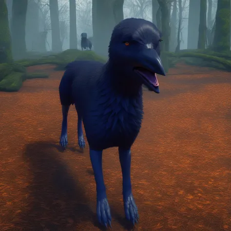 C-Dawg, crow-wolf hybrid walking in a forest, best quality, detailed, cinematic