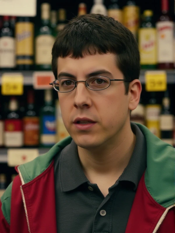 McLovin is a man with short dark hair and glasses. He is the owner of a liquor store<lora:McLovin:0.9>