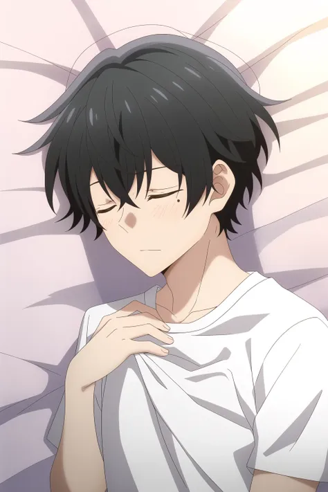 miyano yoshikazu,1boy,male focus,solo,black hair,mole under eye,closed eyes,sleeping,lying,closed mouth,on bed,white shirt, shirt lift,hand on own chest,<lora:miyano_yoshikazu:0.7>,