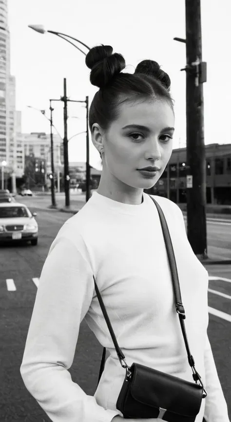 Film noir style Minimalist style Monochrome Outdoor portrait, trendy fashion, urban background, playful expression, high bun hairstyle, crossbody handbag, street style, casual yet edgy, neutral lighting, confident pose