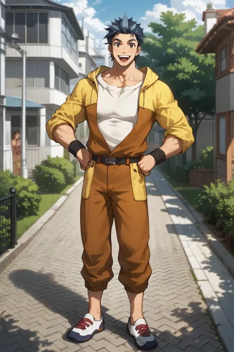 score_9, score_8_up, score_7_up, source_anime, rating_safe, day, natural lighting, male focus, full body, hands on hips, smiling, OgamiHTG, black-greyish blue_Ogami_multicolored hair, brown_Ogami_eyes, yellow-brown_Ogami_hooded jumpsuit, white_Ogami_shirt,...