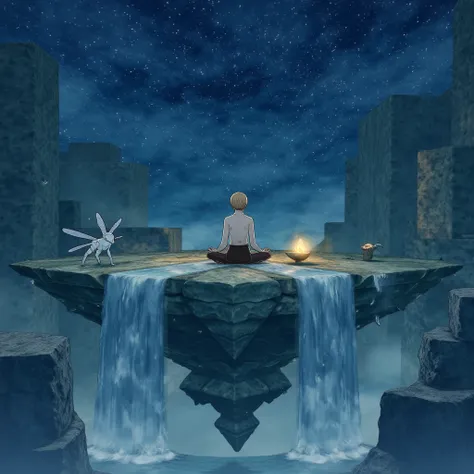 mrstyle A serene monk meditates on a floating island, surrounded by waterfalls cascading from the edges of the floating rocks. The sky is a deep indigo, dotted with stars, and strange, floating creatures drift lazily around the monk. Their aura glows softl...