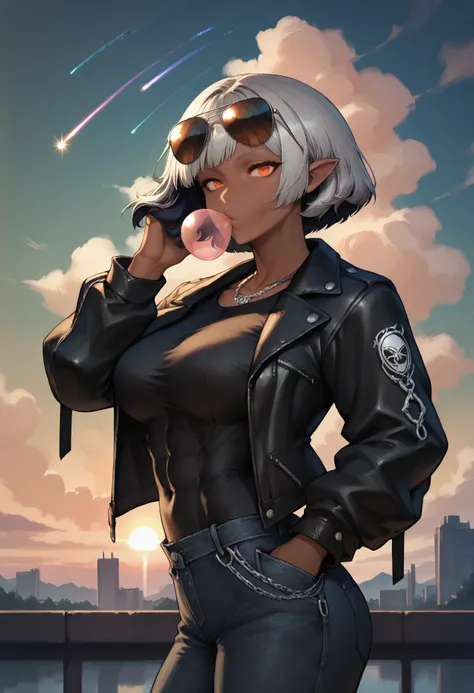 masterpiece, best quality, 1girl, toned,
dark-skinned female, pointy ears, bob cut, orange eyes, grey hair, black inner hair, large breasts,
aviator sunglasses, eyewear on head, silver chain necklace, collarbone, black jacket, leather jacket, black t-shirt...