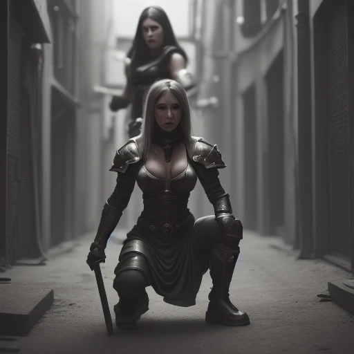 1girl, squatting, long dress, muscular female, armor, looking at another, pants, alley