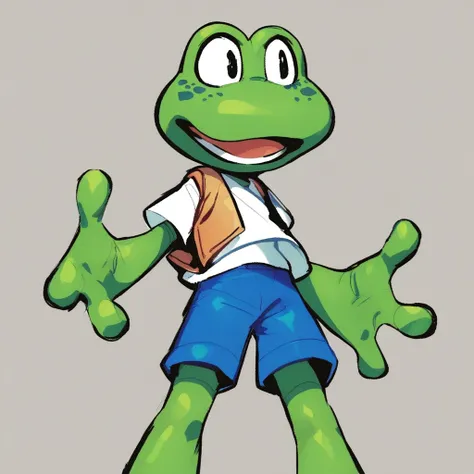 Frogger, anthro, frog, green skin, freckles, white shirt, blue shorts, standing, score_9, score_8_up