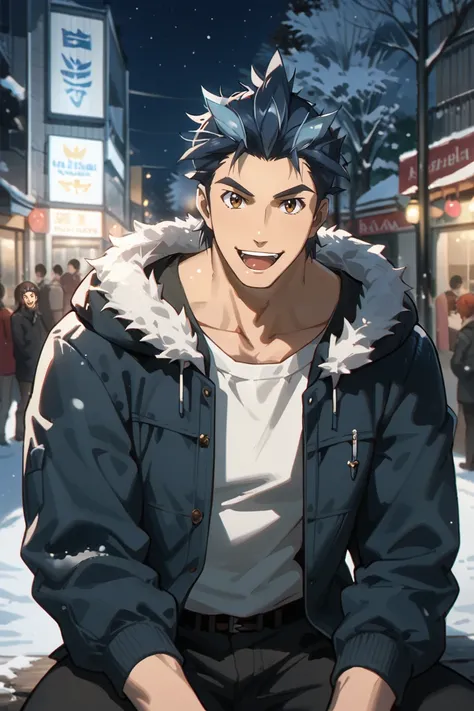 score_9, score_8_up, score_7_up, source_anime, rating_safe, night, moonlight, natural lighting, male focus, sitting, looking at viewer, smiling, OgamiHTG, black-greyish blue_Ogami_multicolored hair, brown_Ogami_eyes, jacket, fur trim, pants, winter clothes...