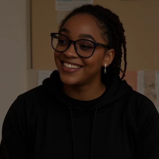 sitting, black-framed eyewear, black shirt, hood, shirt, lips, dark skin, grin, one eye closed, facing away