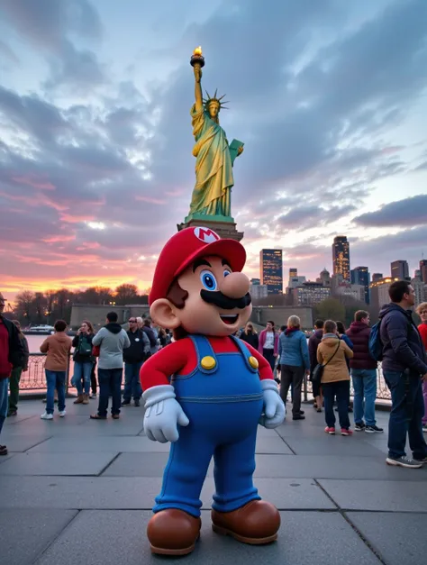 Mario standing at the foot of the Statue of Liberty, looking up in awe, surrounded by tourists. The Hudson River reflecting the evening sky, Mario’s red hat and blue overalls bold against the iconic monument. NYC skyline in the background, a blend of Mario...