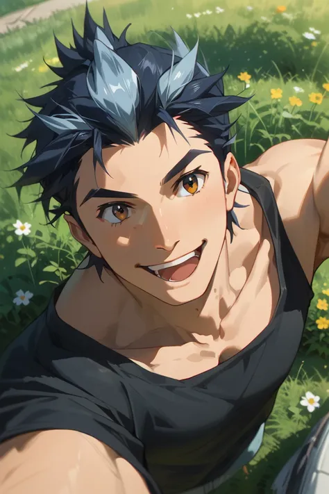 score_9, score_8_up, score_7_up, source_anime, rating_safe, day, natural lighting, male focus, selfie, outstretched arms, smiling, looking away, OgamiHTG, black-greyish blue_Ogami_multicolored hair, brown_Ogami_eyes, oversized arms, wide smile, open mouth,...