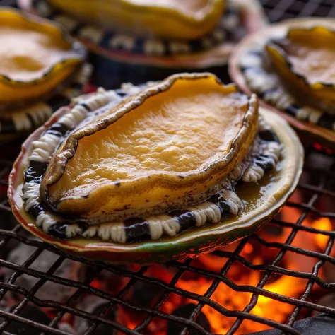 Mouthwatering close-up of succulent abalone grilling on a rustic iron mesh grate, set atop a compact charcoal brazier, plump ivory-colored flesh partially sheathed in mottled brown and green shell, vibrant hues testament to ocean-fresh quality, tiny drople...