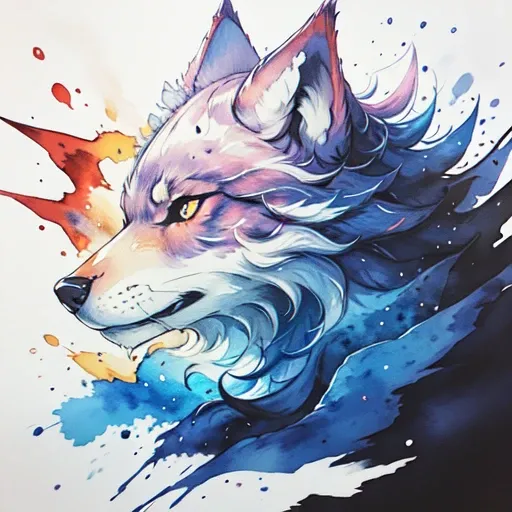 <lora:WatercolorSD1V2:1> ArsMJStyle, watercolor with bold colors and splatter effects, A fierce wolfs head in profile, painted with intense shades of deep blue and violet. The fur is detailed with fine brushstrokes, while the background features dramatic s...