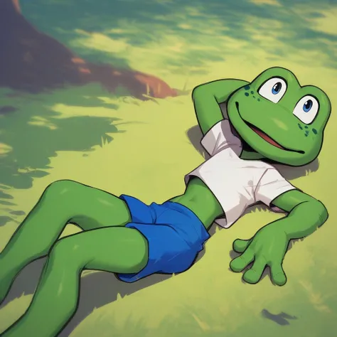 Frogger, anthro, frog, green skin, freckles, white shirt, blue shorts, laying down, score_9, score_8_up