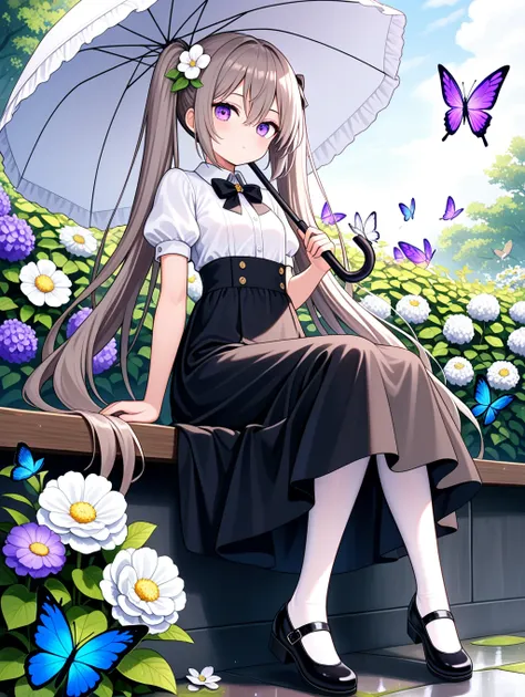 1girl, butterfly, bug, solo, umbrella, flower, long hair, holding, skirt, shirt, black skirt, white shirt, black footwear, purpl...