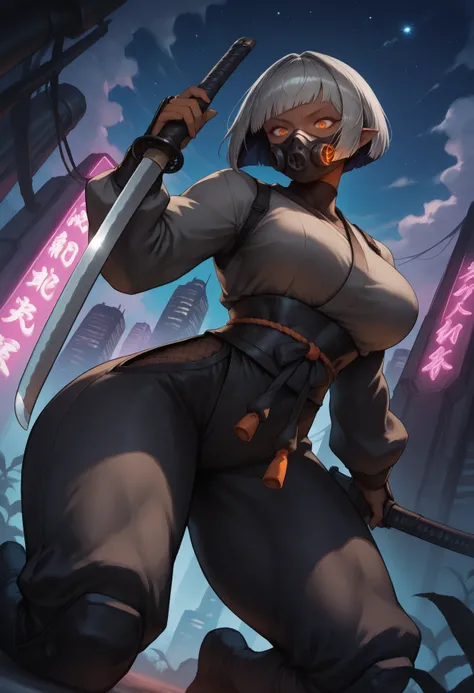 masterpiece, best quality, 1girl, toned,  
dark-skinned female, pointy ears, bob cut, orange eyes, grey hair, black inner hair, large breasts,
ninja, ninja mask, gas mask, black dougi, long sleeves, black sash,
looking at viewer, kneeling, holding katana, ...