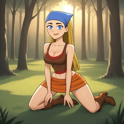 score_9, score_8, BREAK, solo, cleavage, red undershirt, brown tanktop, midriff, navel, orange skirt, bandana, brown high heel boots, blonde hair, long hair, blue eyes, big breasts, total drama, Lindsay_(Total_Drama), cute, sexy pose, smile, outdoors, sunl...