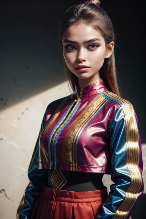 (high quality), (masterpiece), (detailed), 8K, Hyper-realistic painting of a young Indonesian woman wearing a futuristic suit that blends traditional patterns and vibrant colors, showcasing the rich heritage of Indonesia. She stands confidently in a dynami...