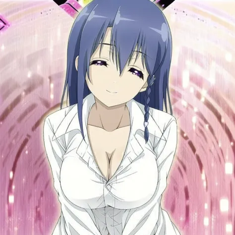 miharu_braid, white shirt, miharu_shirt, cleavage, closed eyes, shirt buttons, bare shoulders, purple eyes, miharu_hair