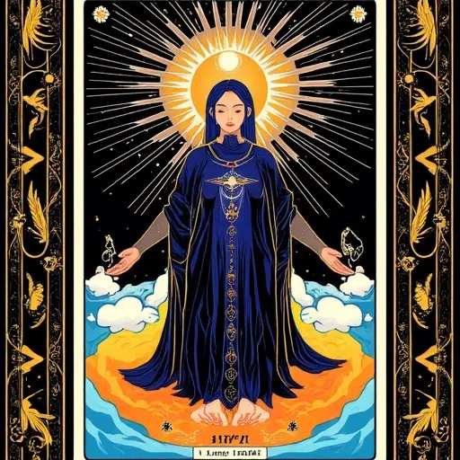 A (super cool tarot card:1.3) design featuring a (mystical figure:1.2) surrounded by (symbolic elements:1.4), vibrant colors, intricate patterns, and (celestial motifs:1.3), capturing a sense of (mystery:1.1) and (enchantment:1.2), inspired by the styles o...