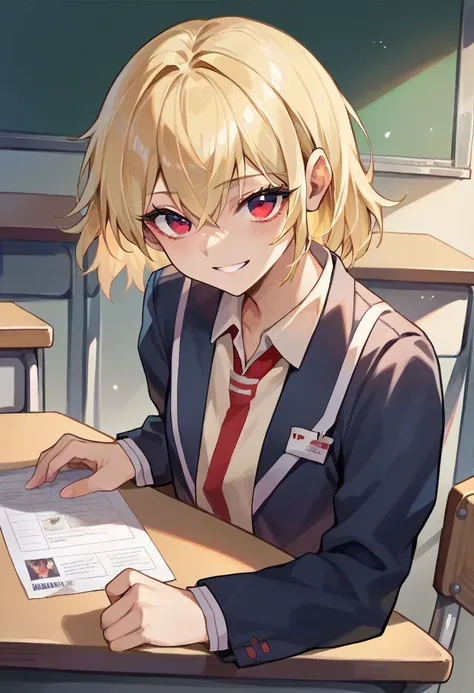 score_9, score_8_up, score_7_up, source_anime, BREAK, red eyes, blonde hair, schoolgirl uniform, sitting on desk, looking at viewer, smile