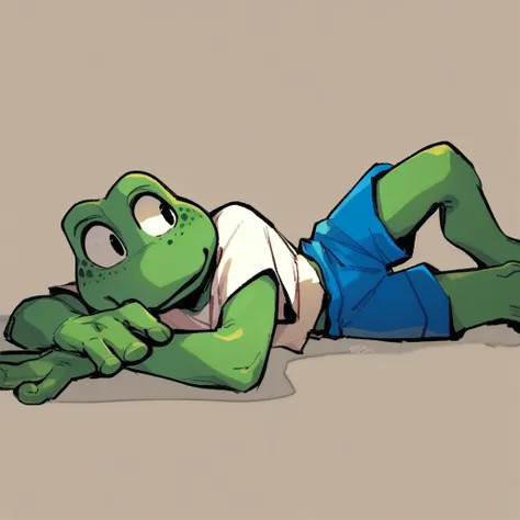 Frogger, anthro, frog, green skin, freckles, white shirt, blue shorts, laying down, score_9, score_8_up