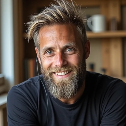 slightly tousled manner, which are connected to a cable that dangles down from his right ear., outdoorsy appearance. He has a full, The image is a high-resolution photograph of a man sitting in what appears to be a minimalist, slightly messy hair, showcasi...