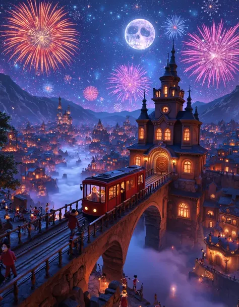 coco-movie,high bridge and tram through the halloween town building and skull shaped fireworks in the sky