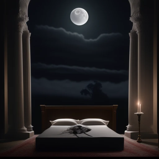 hat, moon, rifle, see-through, bed, pillar, candle, portrait