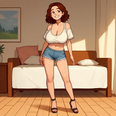 score_9, score_8_up, score_7_up, score_6_up, score_5_up,  1girl, solo, (full body),
(source cartoon),
<lora:Delilah (Storybooth):0.9> Delilah_Storybooth, woman, smile, (denim shorts, cutoff shorts), standing, midriff, navel, high heels, 18-years-old, freck...