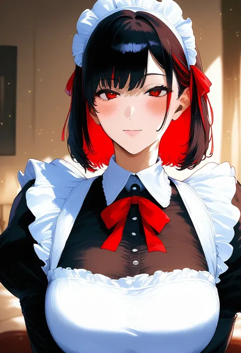 score_9, score_8_up, score_7_up, score_6_up, source_anime, <lora:GAI S1 0.1v:1>,
1girl, solo, long hair, mature female, milf, red eyes, maid, maid headdress, apron, black hair, red ribbon, ribbon, looking at viewer, upper body, colored inner hair, red hair...