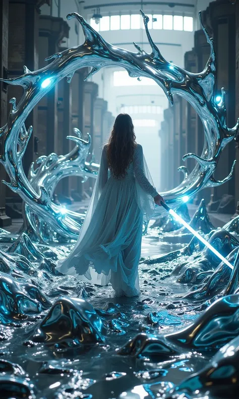 As the light gradually weakens, the girl finds herself in a fantastical space. Surrounding her is flowing liquid metal, shimmering with strange lights. As if attracted by this mysterious power, the girl slowly walks towards it. Her figure appears exception...