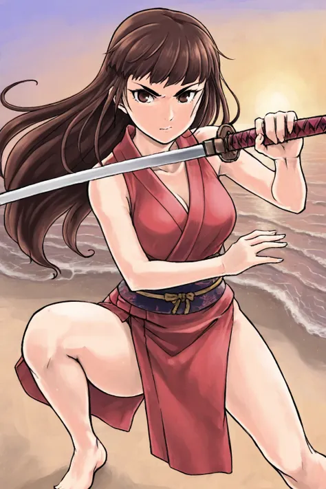 beach,1girl,brown hair,long hair,holding sword,battoujutsu stance,  <lora:takanashi-wotori-style-IXL:1>