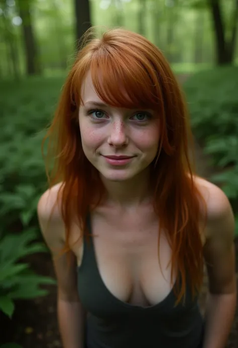 8k HDR Raw Photo of a slim 18 year old woman with red hair and freckles.  hiking through an overgrown forest, bare shoulders