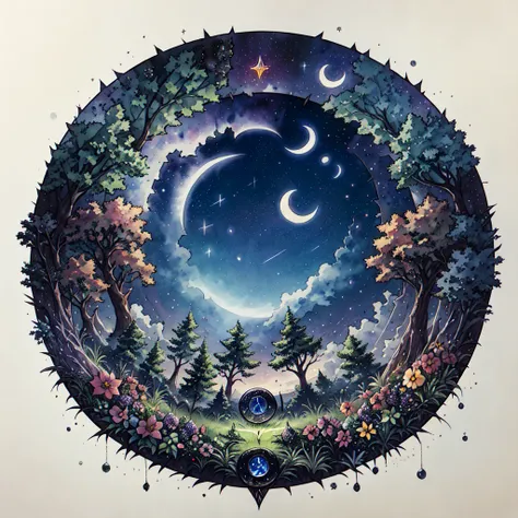 <lora:WatercolorSD1V2:1> ArsMJStyle, watercolor mystical runes, A watercolor painting of a circle of trees and planets., no humans, tree, flower, moon, sky, star (sky), fruit, traditional media, scenery, painting (medium), crescent moon, white background, ...